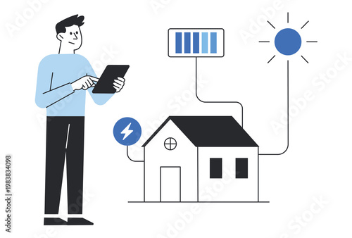 Man using a digital tablet to monitor smart home solar energy system with battery storage and sun power connection.