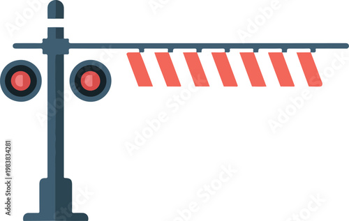 Minimalist flat vector illustration of railway crossing barrier with red lights and striped arm on white background