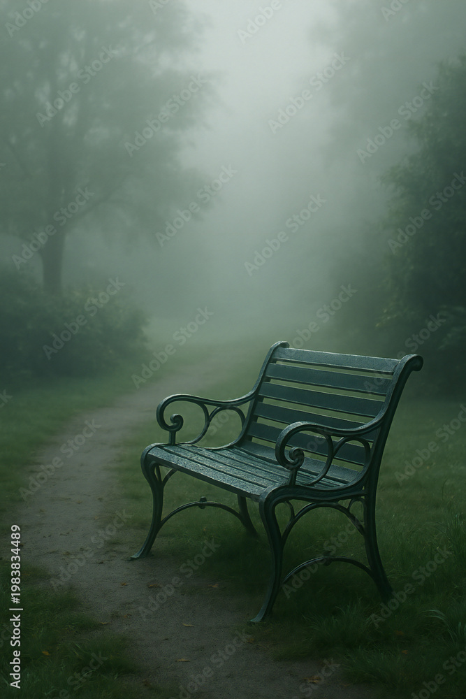 Fototapeta premium In the mist, the bench waited silently, as if holding a forgotten story