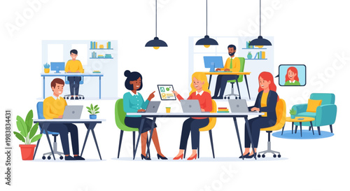 Vector illustration of a diverse team working on laptops in a collaborative workspace, the clean desk setting enhanced by a bright, modern aesthetic, conveying a productive and efficient