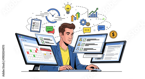Flat vector illustration of a productive man working on a computer with multiple windows, showing charts, checklists, and graphs, set against a clean white background with a modern
