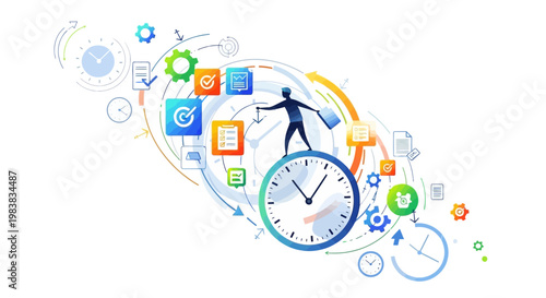 Vector illustration of a productive character balancing atop a clock, surrounded by business icons and swirling shapes, set against a clean white background with a dynamic and energetic