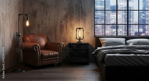 A modern bedroom with a city view and industrial decor