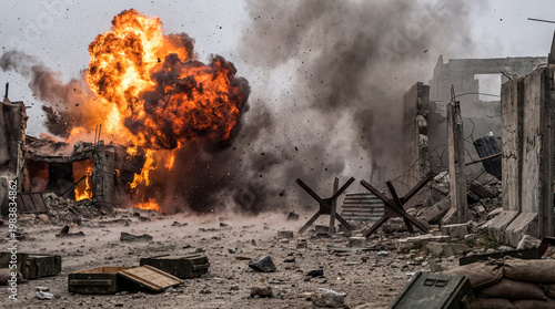 Canvas Print Massive explosion with fiery blaze and dense smoke in a devastated urban battlefield