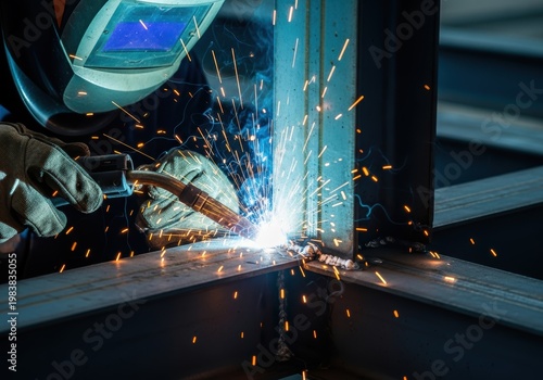 Welder in protective gear joining steel beams with bright sparks in workshop