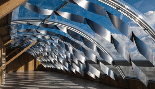Medium shot showing the installation of movable metal louvers on a skylight cover demonstrating dynamic sun control and natural light optimization through innovative automated