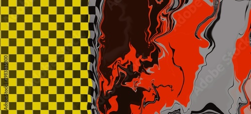 Geometric Checkerboard Blending into Fluid Red and Black Abstract Marble Art. Abstract Liquid Marble and Swirling Paint with Yellow Checker Pattern Background