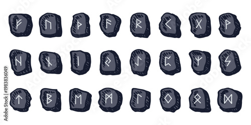Set of hand drawn viking runes Rune stones with ancient norse alphabet characters engraved on them Scandinavian futhark germanic celtic Single element for design, print, web, decor