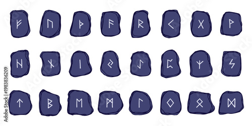 Set of hand drawn viking runes Rune stones with ancient norse alphabet characters engraved on them Scandinavian futhark germanic celtic Single element for design, print, web, decor