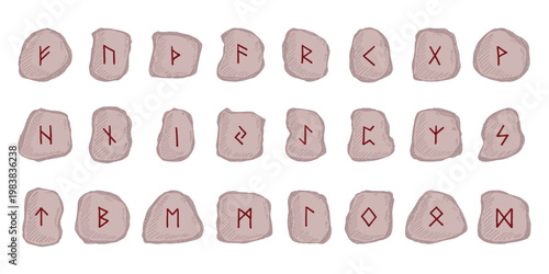 Set of hand drawn viking runes Rune stones with ancient norse alphabet characters engraved on them Scandinavian futhark germanic celtic Single element for design, print, web, decor
