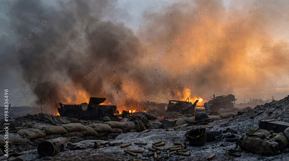 Obraz na płótnie Devastating explosion engulfs destroyed military vehicles and a battlefield with thick smoke and bright flames
