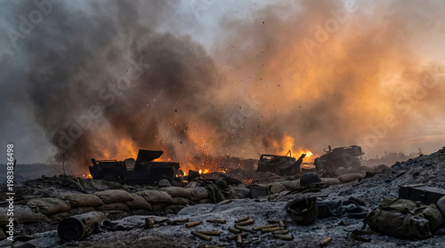 Foto Devastating explosion engulfs destroyed military vehicles and a battlefield with thick smoke and bright flames
