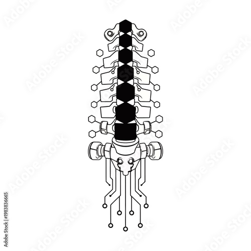 An abstract illustration of a biomechanical spine with integrated circuitry and hexagonal vertebrae.