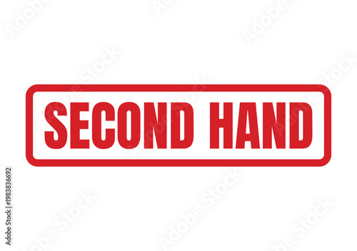 A red ink rubber stamp design with the words second hand in bold font for labeling