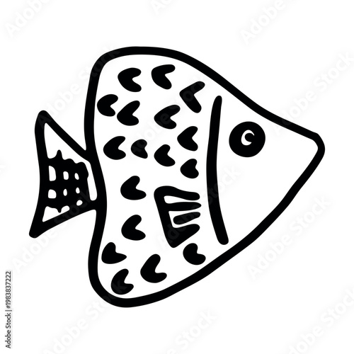 Hand drawn happy funny cute fish Adorable friendly kawaii tropical fish Underwater world sea life ocean Fishing seafood For design, kids print, kids books, nursery decor, coloring pages, logo