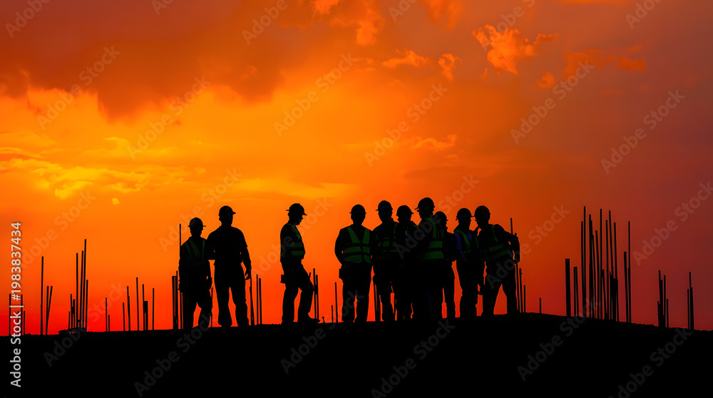 Fototapeta premium Silhouetted Laborers on Construction Project at Sunset