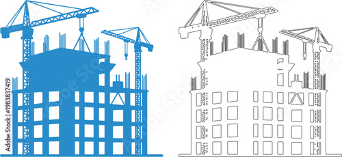 Blue silhouette of construction cranes and unfinished building