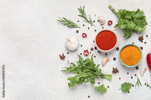 Colorful spices, fresh herb...