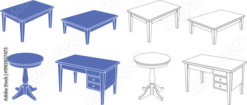 Collection of blue and outline furniture table desk