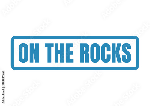 Minimalist blue rectangular stamp design featuring the text on the rocks in a clean bold font