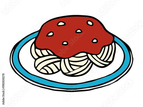 手描きのトマトソースパスタ シンプルな洋食イラスト