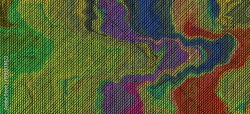 Abstract Colorful Topographic Map Pattern with Diagonal Lines Texture. Vibrant Multi Color Psychedelic Wave Background with Linear Overlay