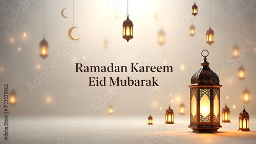 Ramadan Kareem and Eid Mubarak celebration with glowing lanterns.