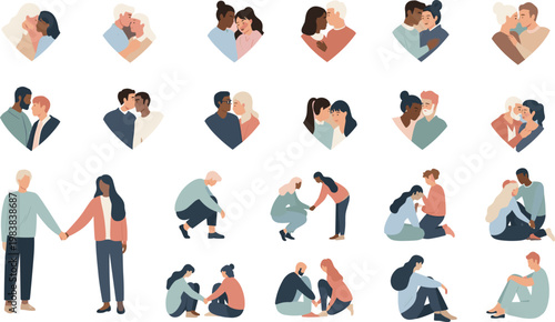 : Couples Relationship and Love Vector Set with Diverse Partners Hugging Supporting and Emotional Connection Illustration Collection