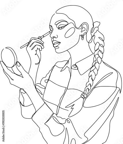 Foto continuous line art of a beautiful woman with a braid applying makeup to her eye using a cosmetic brush