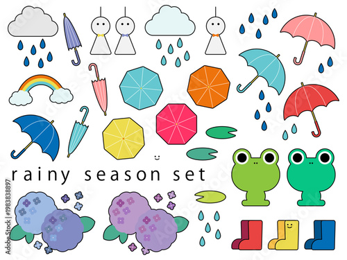 ポップな梅雨のイラストセット（線あり）（ベクター）
