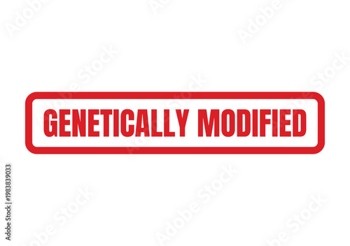 Red rectangular stamp graphic with the text Genetically Modified printed in clear bold capital lettering