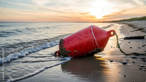 Red buoy washed ashore on a sandy beach at sunset.