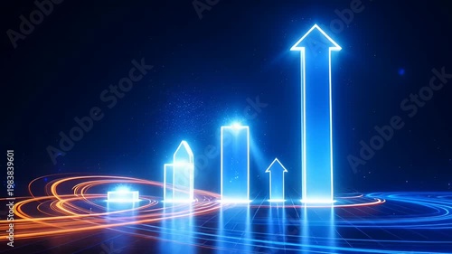 Neon growth chart with glowing arrow and bar elements futuristic grid conveying progress and success glowing blue neon doorway and rising arrows with dynamic light trails for high tech growth
