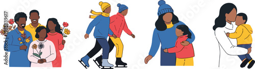 Family Winter Lifestyle Vector Set with Parents Children Ice Skating Hugging and Seasonal Outdoor Activities Illustration Collection