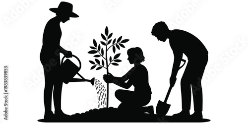 Tree planting silhouettes, teamwork with watering can, shovel, young sapling care, environmental conservation artwork concept flat vector illustration
