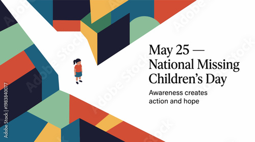National Missing Children’s Day concept with child in abstract maze path, awareness of missing kids and safety protection, social issue and hope message, modern flat vector illustration
