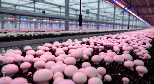 Rows of cultivated mushrooms in an indoor farm with overhead LED lighting