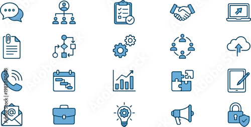Business workflow and management icons for marketing and productivity