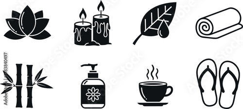 Black and White Spa and Wellness Icons Including Lotus, Candles, Bamboo, and Relaxation Elements for Self-Care and Mindfulness Designs
