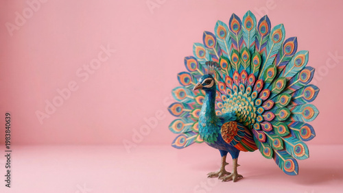 An intricate hand-carved wooden peacock sculpture features a vibrant painted plumage and a magnificent fanned tail, positioned with ample copy space against a minimalist pastel pink background.
