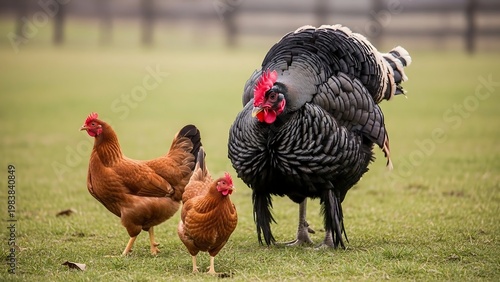 Rooster and Hens Foraging in a Grassy Field.