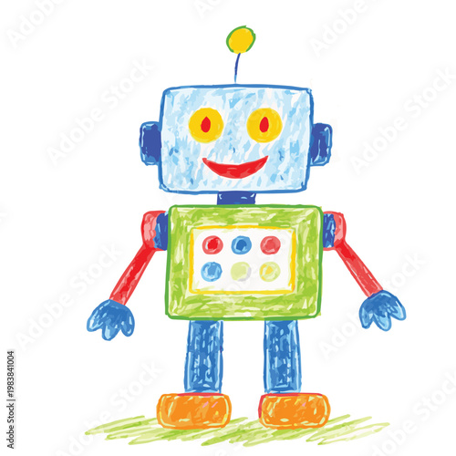 A charming retro robot appears in this hand drawn vector, colored with crayon strokes, featuring a vintage design, rough lines, and bright tones that give a warm and fun feeling.