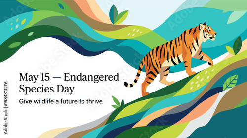 Endangered Species Day with tiger in natural habitat, wildlife conservation and biodiversity protection concept, modern flat vector illustration
