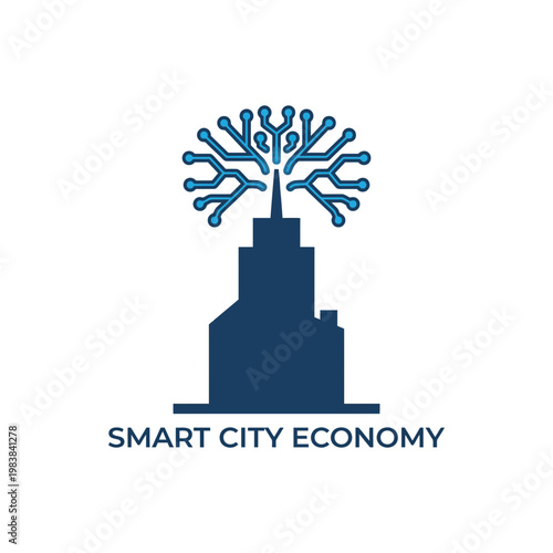 A futuristic cityscape showcases a building with a tree on top symbolizing smart city economy
