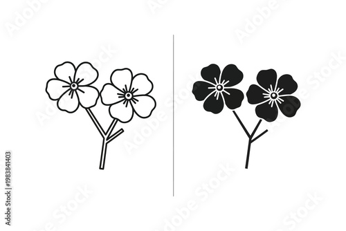 Simple Outline and Silhouette of Two Forget-Me-Not Flowers on Stem Vector Illustration