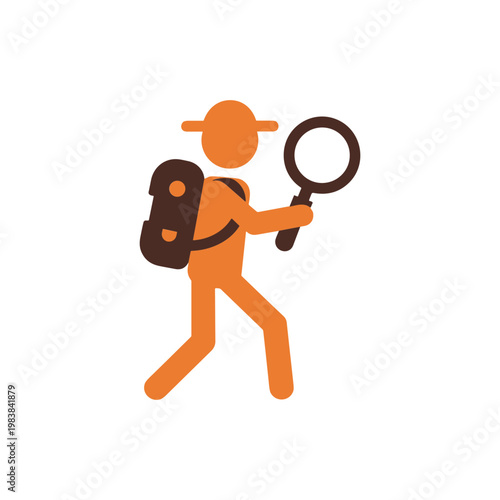 Adventurer with Backpack and Magnifying Glass Exploring, Icon Style