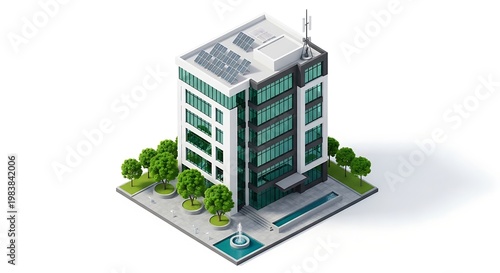 Contemporary isometric office building with solar panels, green landscaping, and water features. Symbolizes sustainable urban tech and modern architecture.