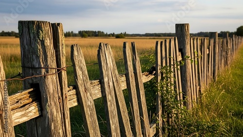 Rustic wooden fence bordering a golden field under a cloudy sky.