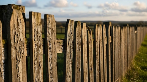 Rustic Wooden Fence in Rural Landscape - A Weathered Barrier.