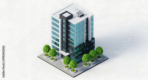 Sleek isometric 3D render of a modern office building with white and dark gray facade, blue-tinted windows, and green trees. Ideal for architecture, urban planning, and business concepts.